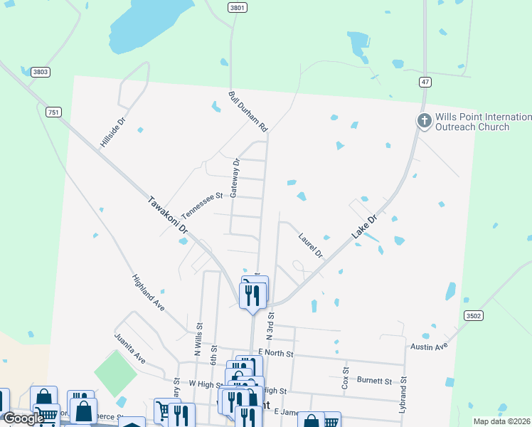 map of restaurants, bars, coffee shops, grocery stores, and more near 125 Tennessee Street in Wills Point