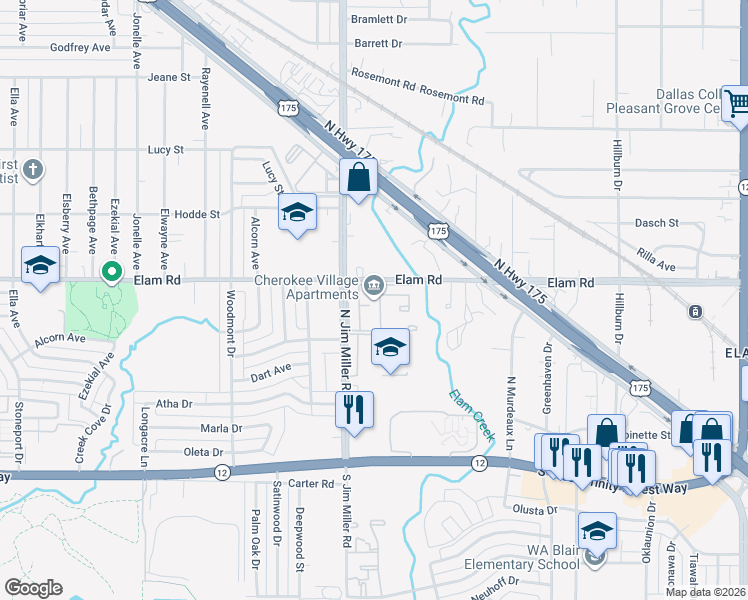 map of restaurants, bars, coffee shops, grocery stores, and more near 7200 Elam Road in Dallas
