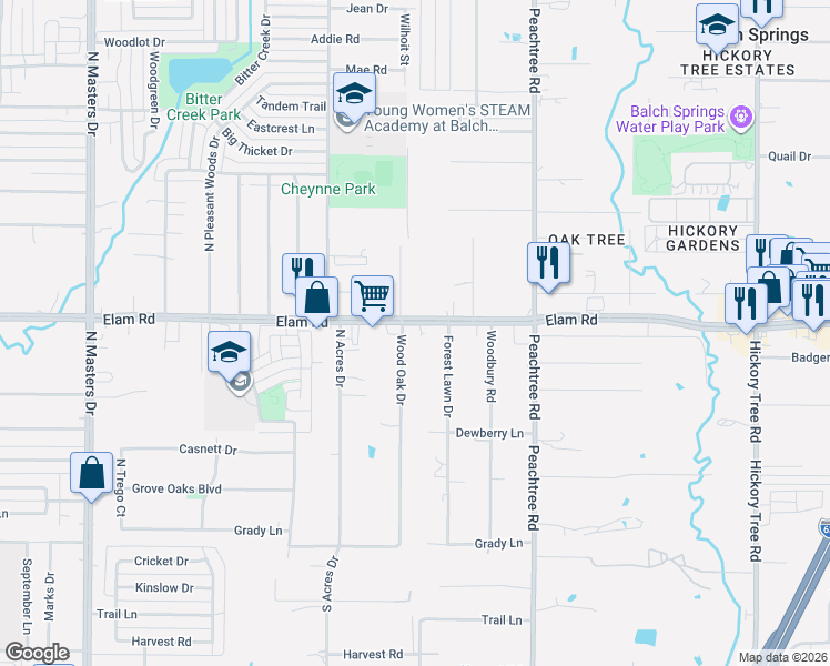 map of restaurants, bars, coffee shops, grocery stores, and more near 11103 Elam Road in Mesquite