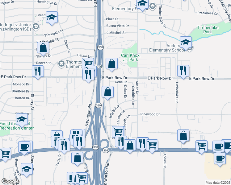 map of restaurants, bars, coffee shops, grocery stores, and more near 1601 Homemaker Hills Drive in Arlington