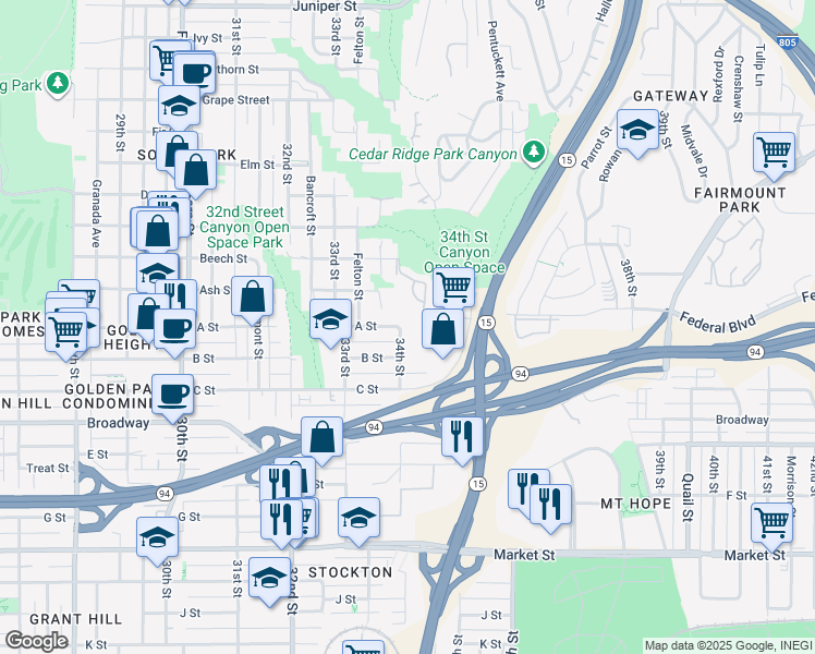 map of restaurants, bars, coffee shops, grocery stores, and more near 3455 Beech Street in San Diego