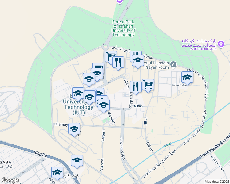 map of restaurants, bars, coffee shops, grocery stores, and more near Abrisham Road in Khomeynishahr