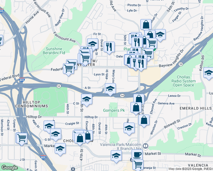 map of restaurants, bars, coffee shops, grocery stores, and more near 1422 49th Street in San Diego