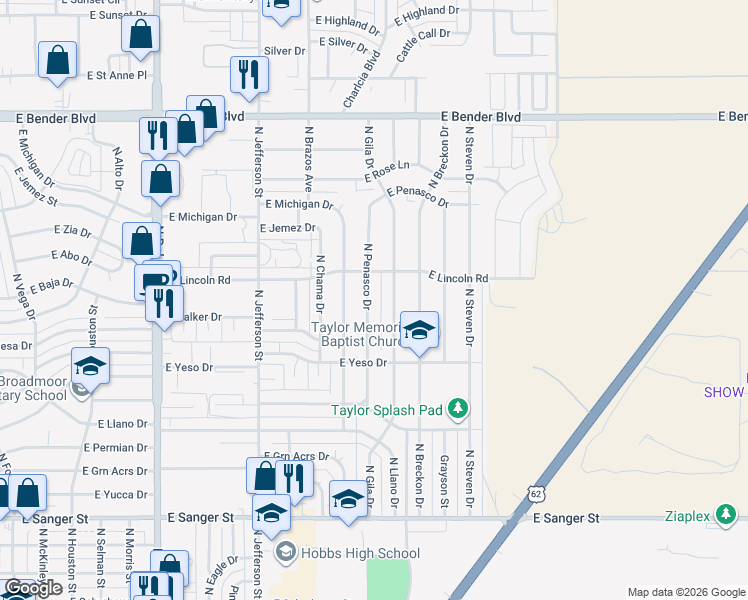 map of restaurants, bars, coffee shops, grocery stores, and more near 1721 North Penasco Drive in Hobbs