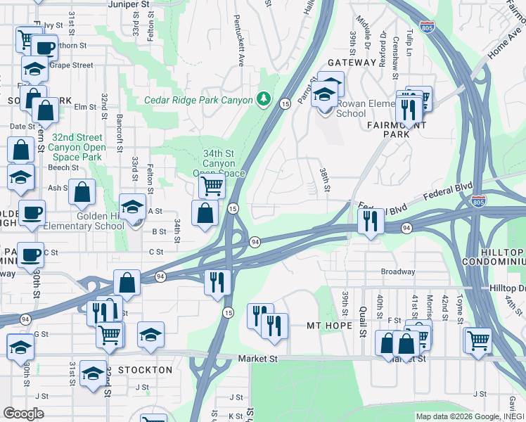 map of restaurants, bars, coffee shops, grocery stores, and more near 3615 Ash Street in San Diego