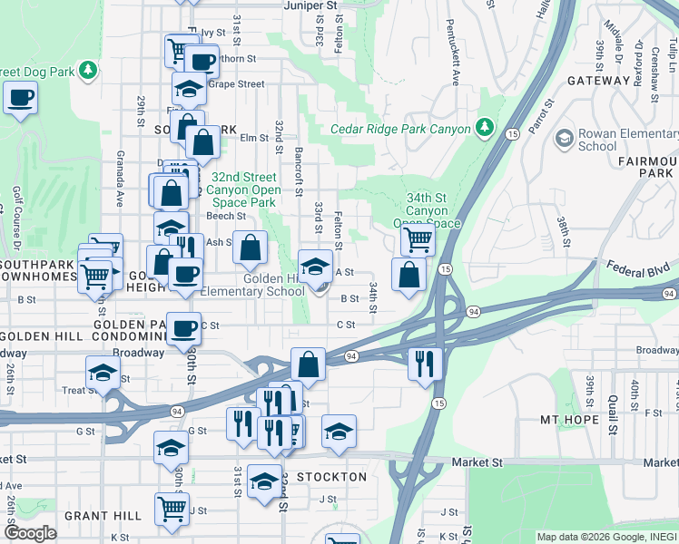 map of restaurants, bars, coffee shops, grocery stores, and more near 735 Felton Street in San Diego