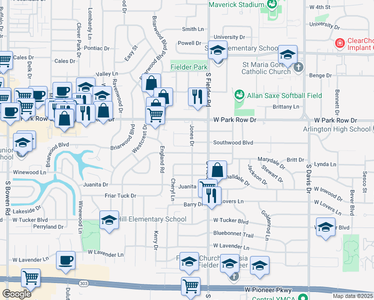 map of restaurants, bars, coffee shops, grocery stores, and more near 1703 Larkspur Drive in Arlington