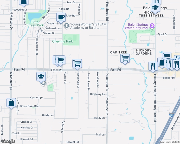map of restaurants, bars, coffee shops, grocery stores, and more near 11201 Elam Road in Balch Springs
