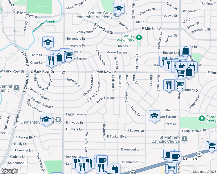 map of restaurants, bars, coffee shops, grocery stores, and more near 1514 Lackland Street in Arlington