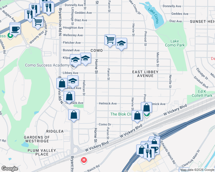 map of restaurants, bars, coffee shops, grocery stores, and more near 5615 Blackmore Avenue in Fort Worth