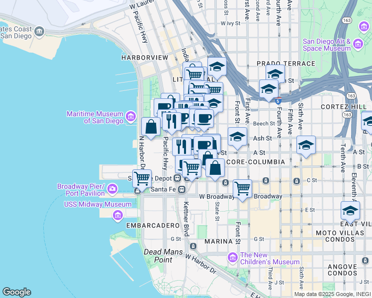 map of restaurants, bars, coffee shops, grocery stores, and more near 1244 Kettner Blvd in San Diego