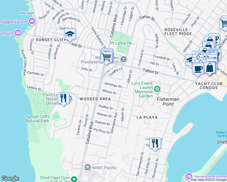 map of restaurants, bars, coffee shops, grocery stores, and more near 3711 Jennings Street in San Diego