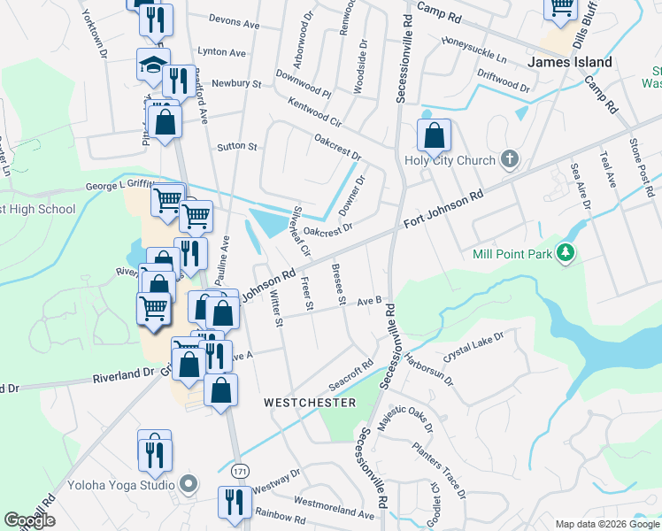 map of restaurants, bars, coffee shops, grocery stores, and more near 1510 Fort Johnson Road in Charleston