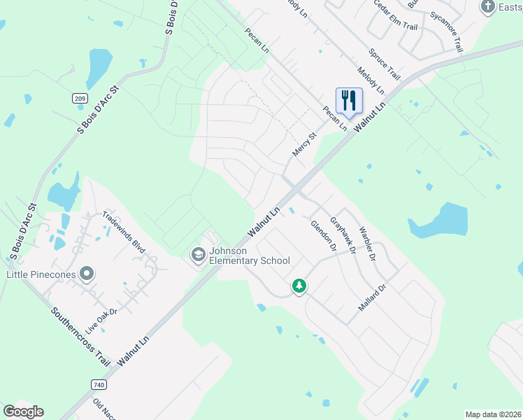 map of restaurants, bars, coffee shops, grocery stores, and more near 1132 Garden Grove Lane in Forney