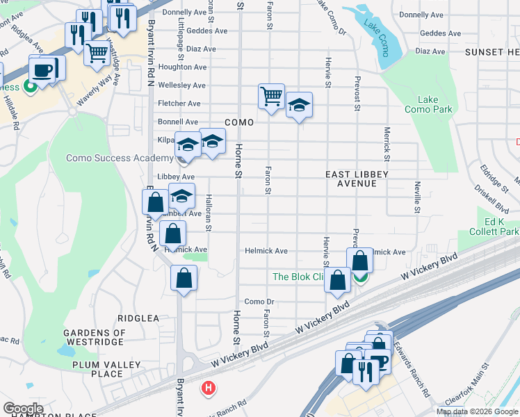 map of restaurants, bars, coffee shops, grocery stores, and more near 5615 Blackmore Avenue in Fort Worth