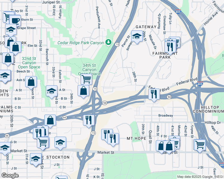 map of restaurants, bars, coffee shops, grocery stores, and more near Ash Street in San Diego