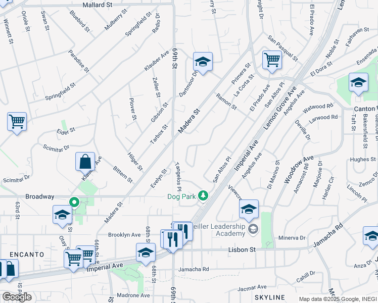 map of restaurants, bars, coffee shops, grocery stores, and more near 1486 La Corta Circle in Lemon Grove