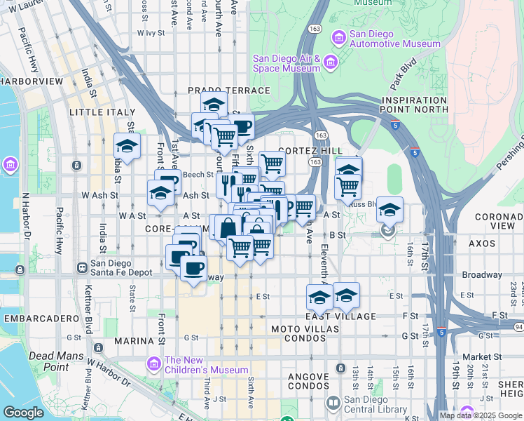 map of restaurants, bars, coffee shops, grocery stores, and more near in San Diego