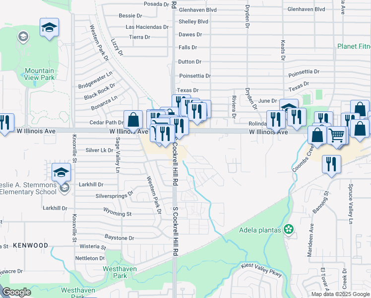 map of restaurants, bars, coffee shops, grocery stores, and more near 2424 South Cockrell Hill Road in Dallas