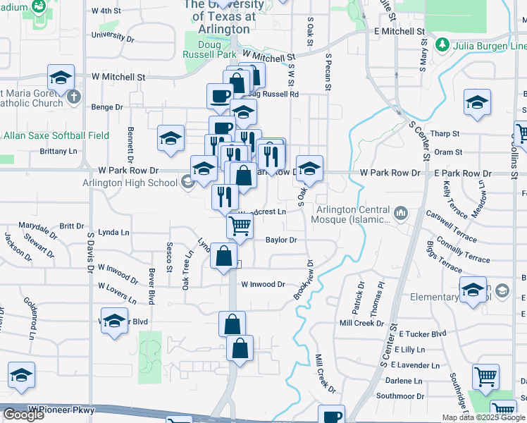 map of restaurants, bars, coffee shops, grocery stores, and more near 601 Woodcrest Lane in Arlington