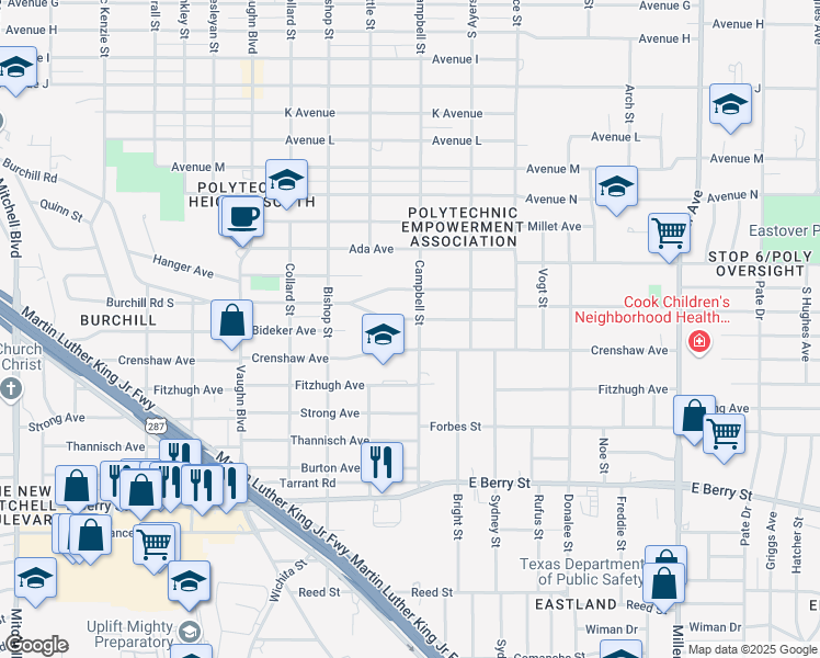 map of restaurants, bars, coffee shops, grocery stores, and more near 3535 South Littlejohn Avenue in Fort Worth