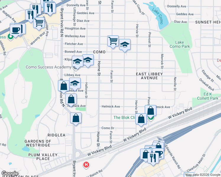 map of restaurants, bars, coffee shops, grocery stores, and more near 5615 Blackmore Avenue in Fort Worth