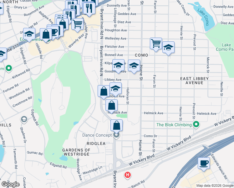 map of restaurants, bars, coffee shops, grocery stores, and more near 5841 Blackmore Avenue in Fort Worth