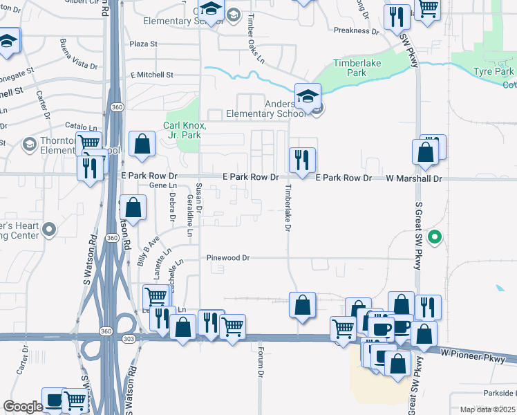 map of restaurants, bars, coffee shops, grocery stores, and more near 3120 East Park Row Drive in Arlington