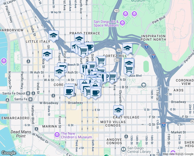 map of restaurants, bars, coffee shops, grocery stores, and more near 646 A Street in San Diego