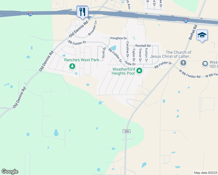 map of restaurants, bars, coffee shops, grocery stores, and more near 2549 Silver Fox Trail in Hudson Oaks