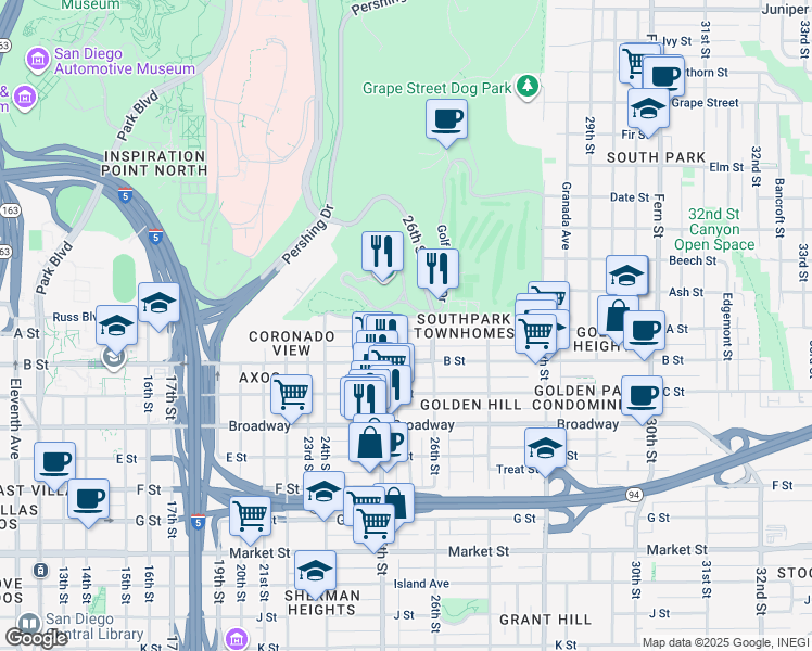 map of restaurants, bars, coffee shops, grocery stores, and more near 2552 A Street in San Diego