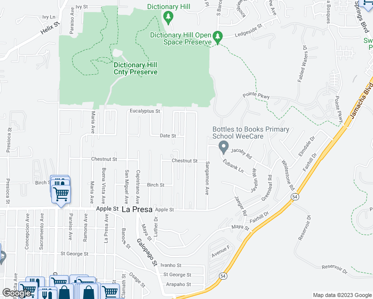 map of restaurants, bars, coffee shops, grocery stores, and more near 1431 San Bernardino Avenue in Spring Valley