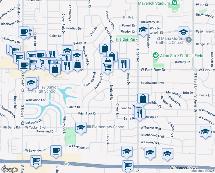 map of restaurants, bars, coffee shops, grocery stores, and more near 1602 England Road in Arlington