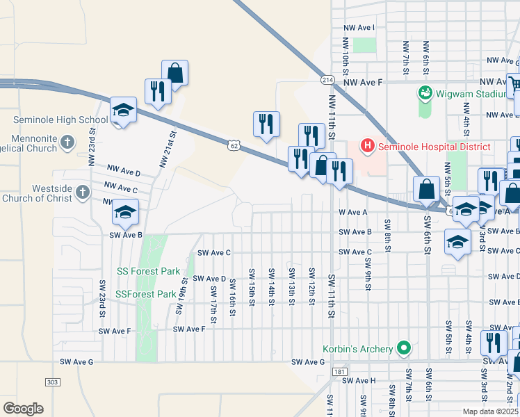 map of restaurants, bars, coffee shops, grocery stores, and more near 1404 West Avenue A in Seminole
