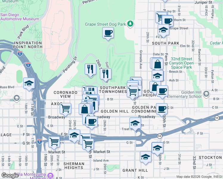 map of restaurants, bars, coffee shops, grocery stores, and more near 2646 A Street in San Diego