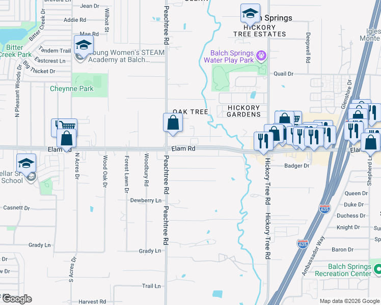 map of restaurants, bars, coffee shops, grocery stores, and more near 11439 Elam Circle in Balch Springs