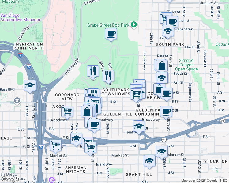 map of restaurants, bars, coffee shops, grocery stores, and more near 2686 Russ Boulevard in San Diego