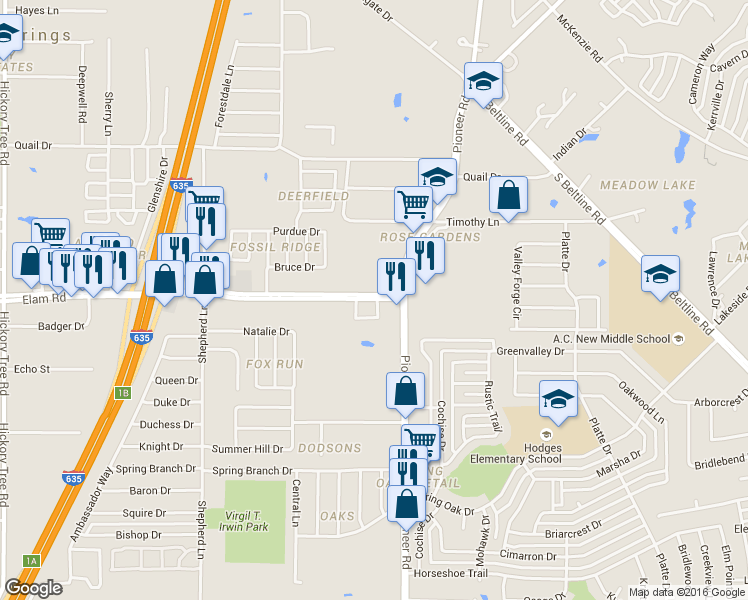 map of restaurants, bars, coffee shops, grocery stores, and more near 12904 Elam Road in Mesquite