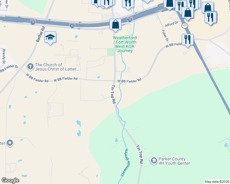 map of restaurants, bars, coffee shops, grocery stores, and more near 2447 Tin Top Road in Weatherford