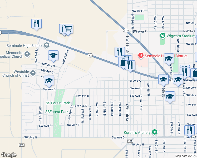 map of restaurants, bars, coffee shops, grocery stores, and more near 1404 West Avenue A in Seminole