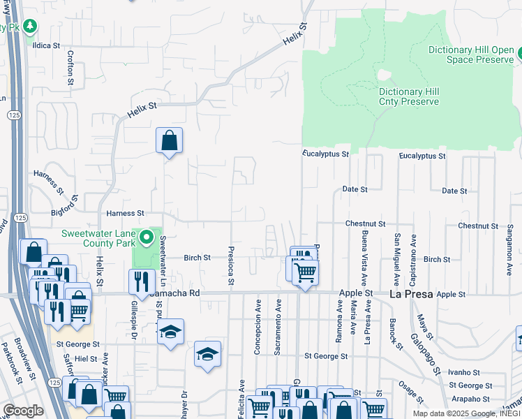 map of restaurants, bars, coffee shops, grocery stores, and more near 9236 Harness Street in Spring Valley