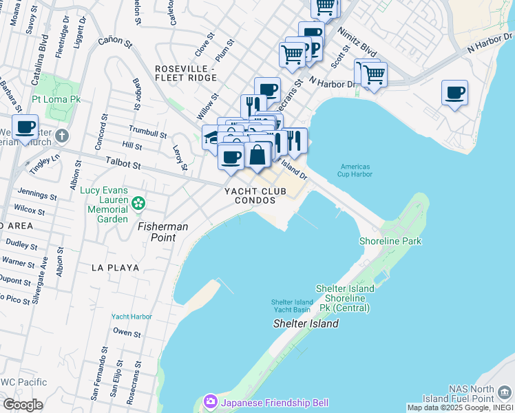 map of restaurants, bars, coffee shops, grocery stores, and more near 1011 Anchorage Lane in San Diego