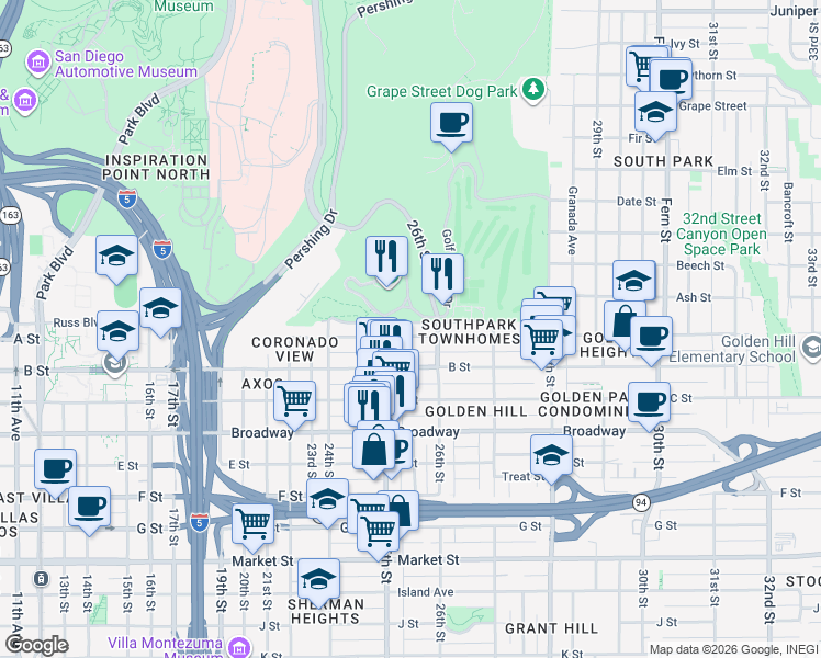 map of restaurants, bars, coffee shops, grocery stores, and more near 2552 A Street in San Diego