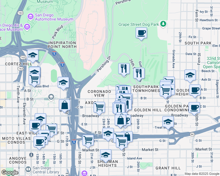 map of restaurants, bars, coffee shops, grocery stores, and more near 1370 24th Street in San Diego