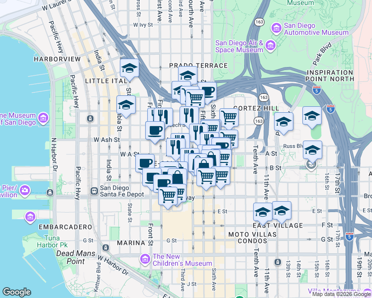 map of restaurants, bars, coffee shops, grocery stores, and more near in San Diego