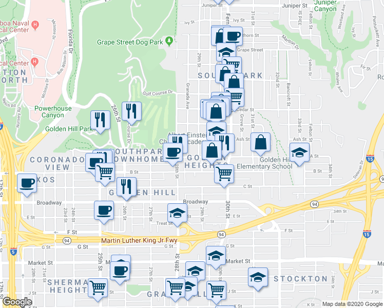 map of restaurants, bars, coffee shops, grocery stores, and more near 2860 A Street in San Diego