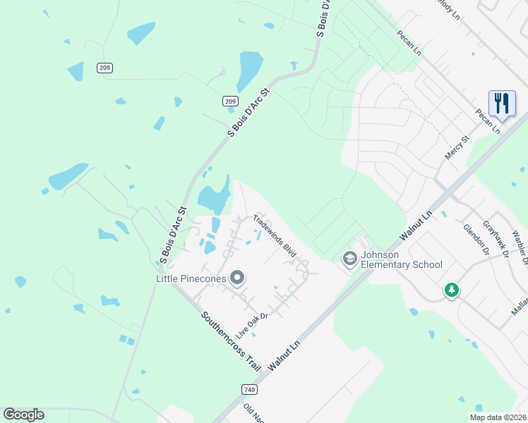 map of restaurants, bars, coffee shops, grocery stores, and more near 14746 Tradewinds Boulevard in Forney