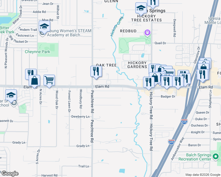 map of restaurants, bars, coffee shops, grocery stores, and more near 11496 Elam Road in Balch Springs