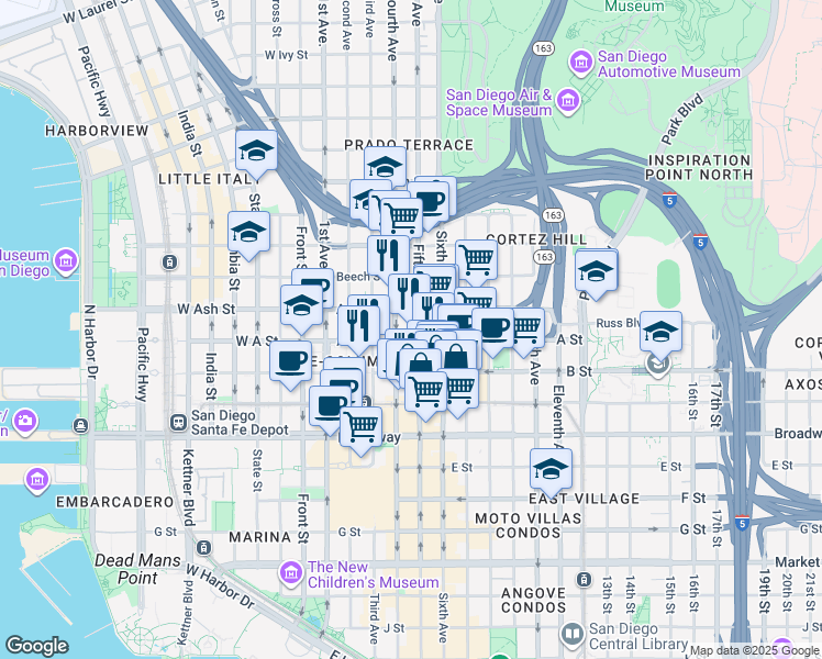 map of restaurants, bars, coffee shops, grocery stores, and more near in San Diego