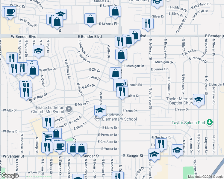 map of restaurants, bars, coffee shops, grocery stores, and more near 619 East Abo Drive in Hobbs